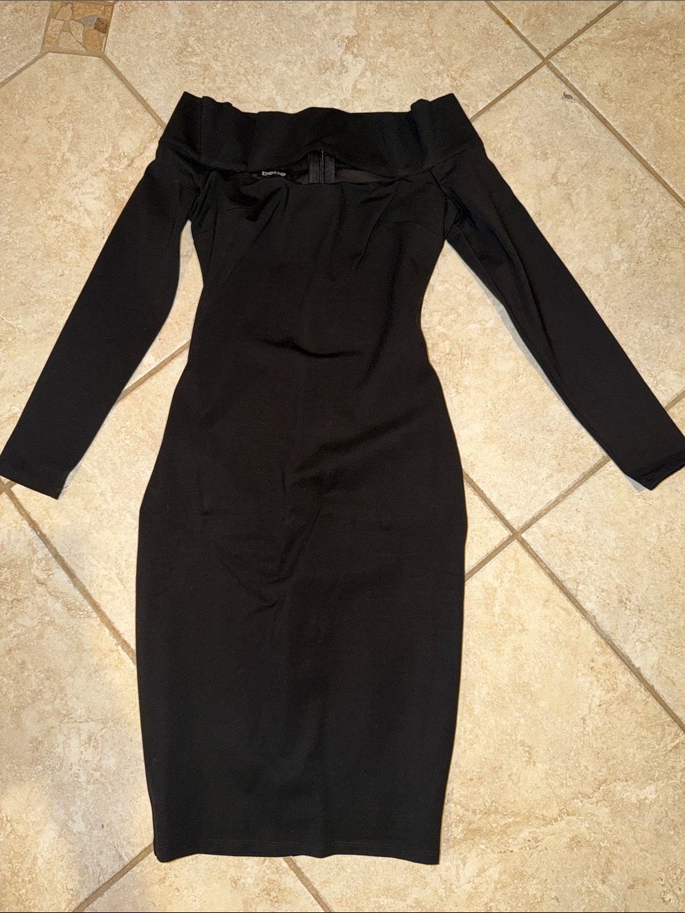 bebe Black Off-Shoulder Long Sleeve Midi Bodycon Dress